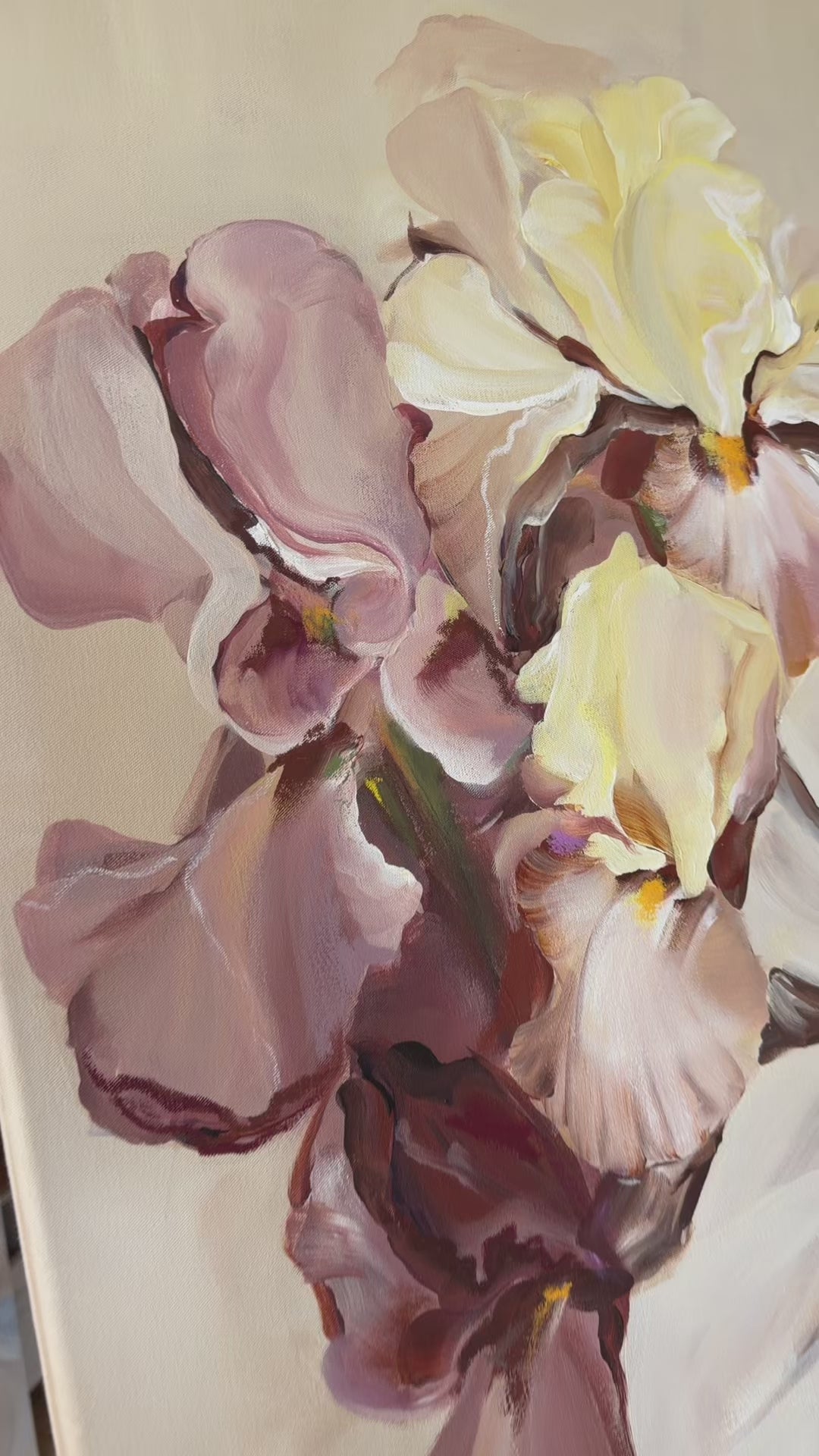 Video showing the painting process of Grace by Janka Kykalová, featuring a woman in a cream dress surrounded by yellow and muted purple irises.
