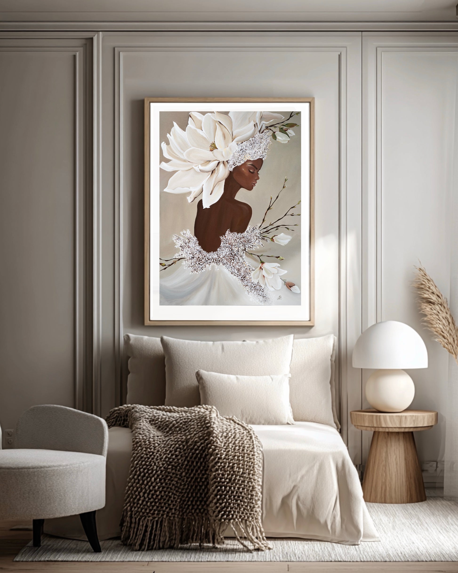 Queen Magnolia museum quality fine art print styled in a modern bedroom interior with white gallery border.