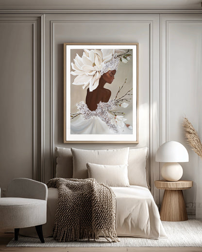Queen Magnolia museum quality fine art print styled in a modern bedroom interior with white gallery border.