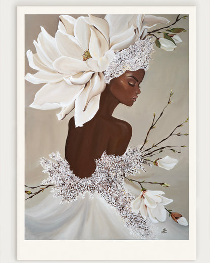 Queen Magnolia – Museum Quality Fine Art Print vytištěný na 100% bavlněném galerijním papíru s bílým galerijním okrajem.