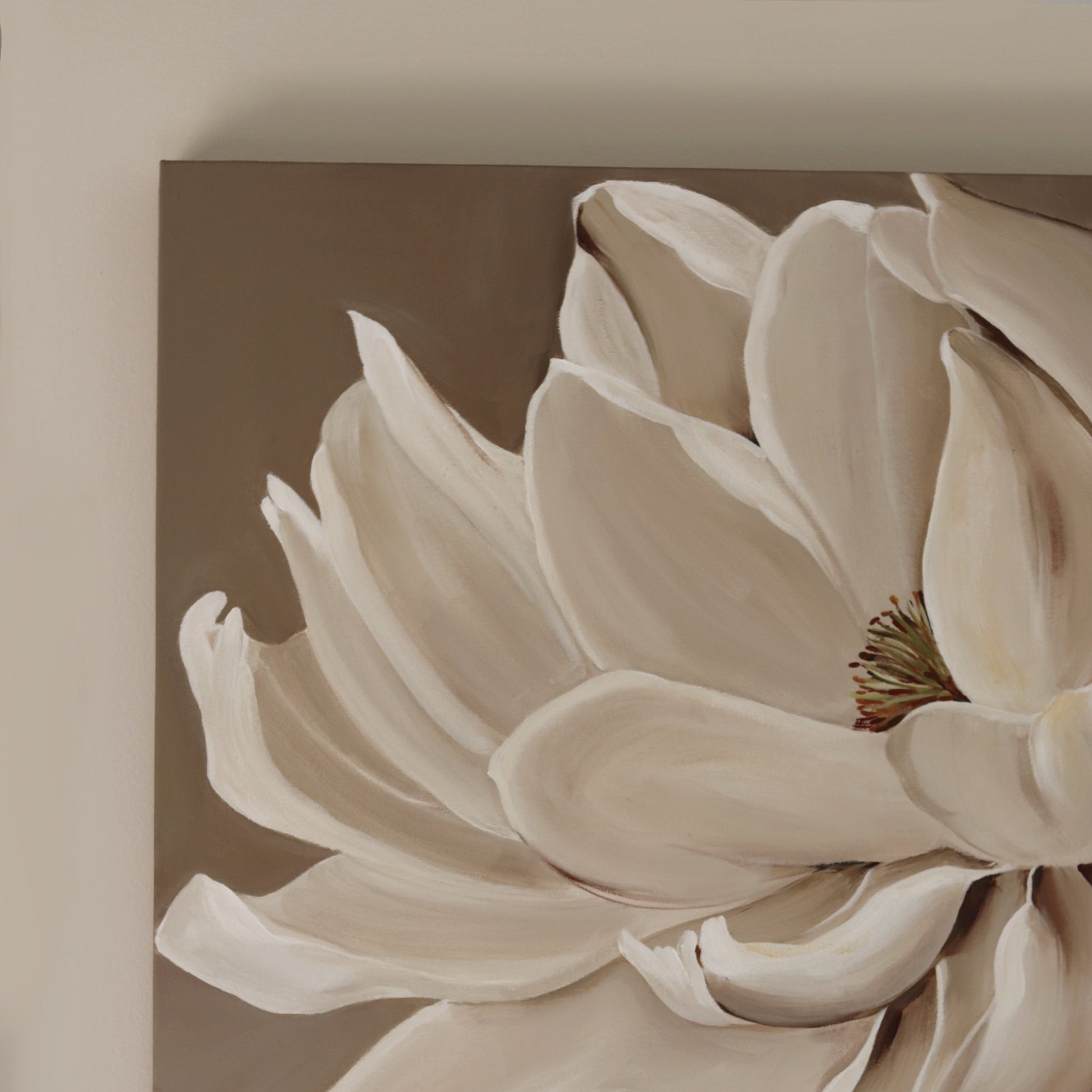 Close-up detail of magnolia blossoms from the upper left section of the Queen Magnolia canvas painting.
