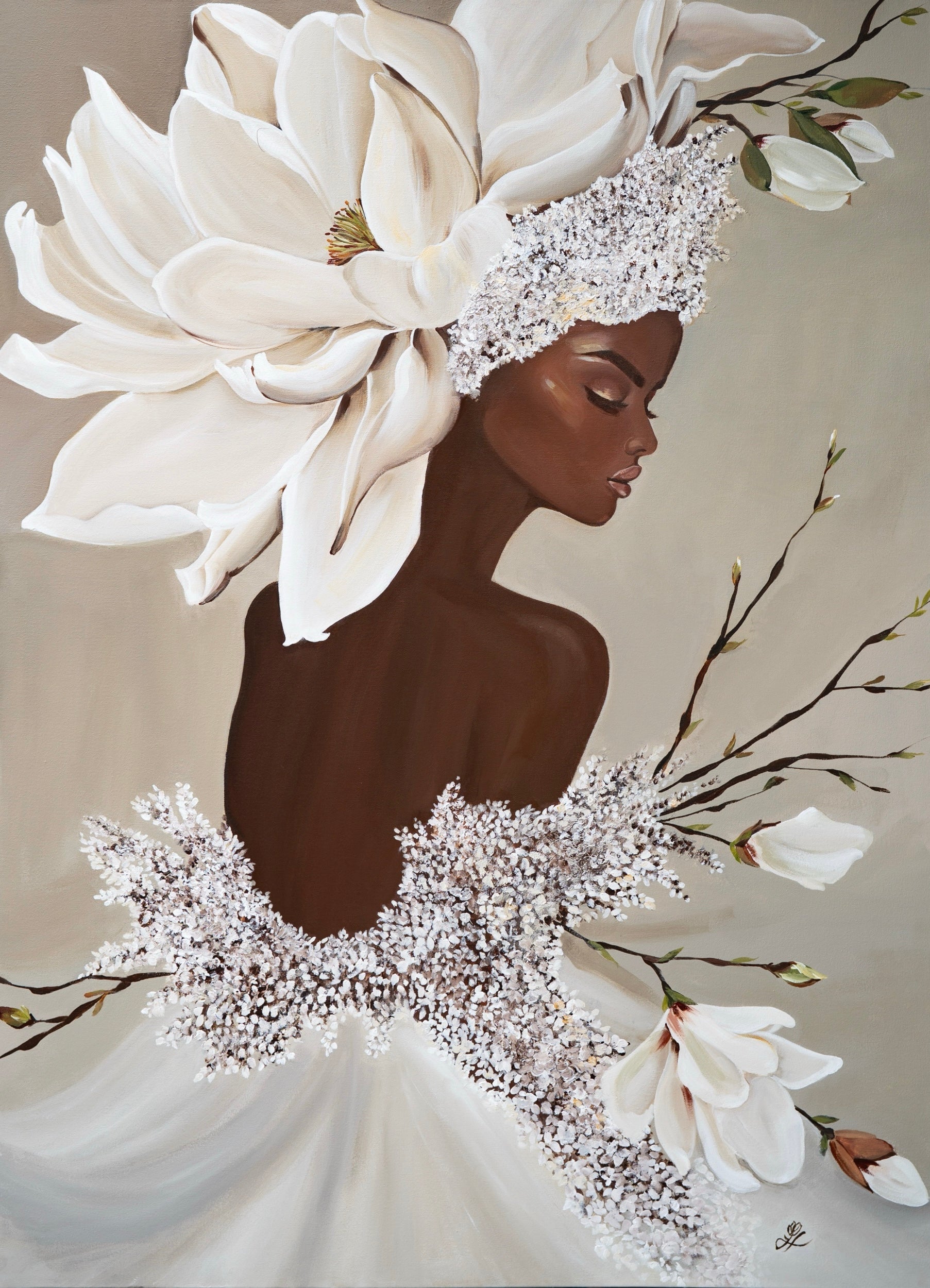Queen Magnolia by Janka Kykalová – original painting of a woman surrounded by white magnolia flowers