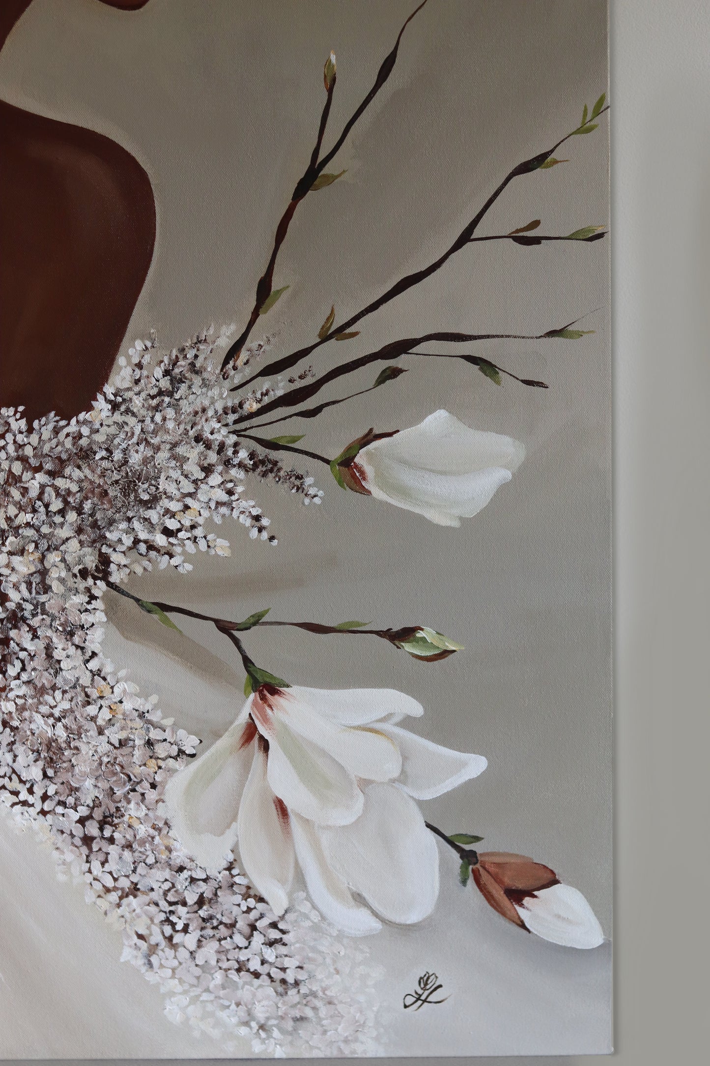 Close-up detail of magnolia blossoms and the artist’s signature in the lower right corner of the Queen Magnolia canvas painting.
