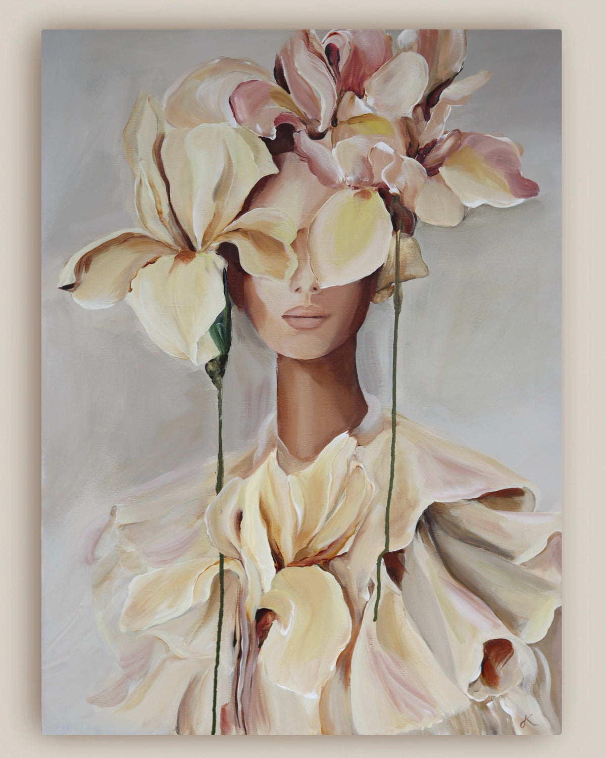 full front view of the seen from within canvas print featuring a woman with soft floral elements covering her eyes by janka kykalová