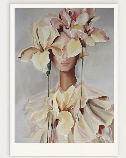 full front view of the seen from within fine art print featuring a woman with soft cream and blush flowers covering her eyes by janka kykalová