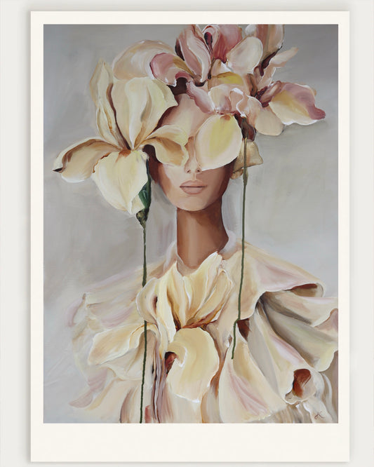 full front view of the seen from within fine art print featuring a woman with soft cream and blush flowers covering her eyes by janka kykalová