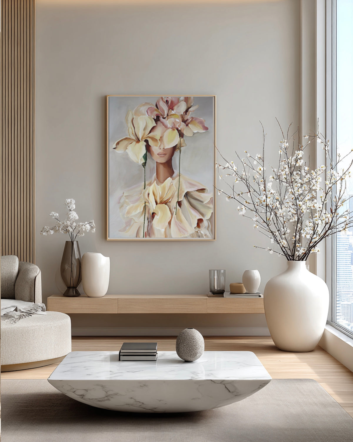 seen from within canvas print featuring a woman with soft floral elements displayed in a contemporary interior
