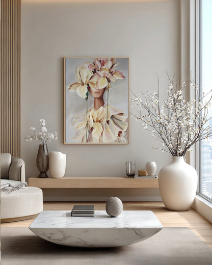seen from within canvas print featuring a woman with soft floral elements displayed in a contemporary interior