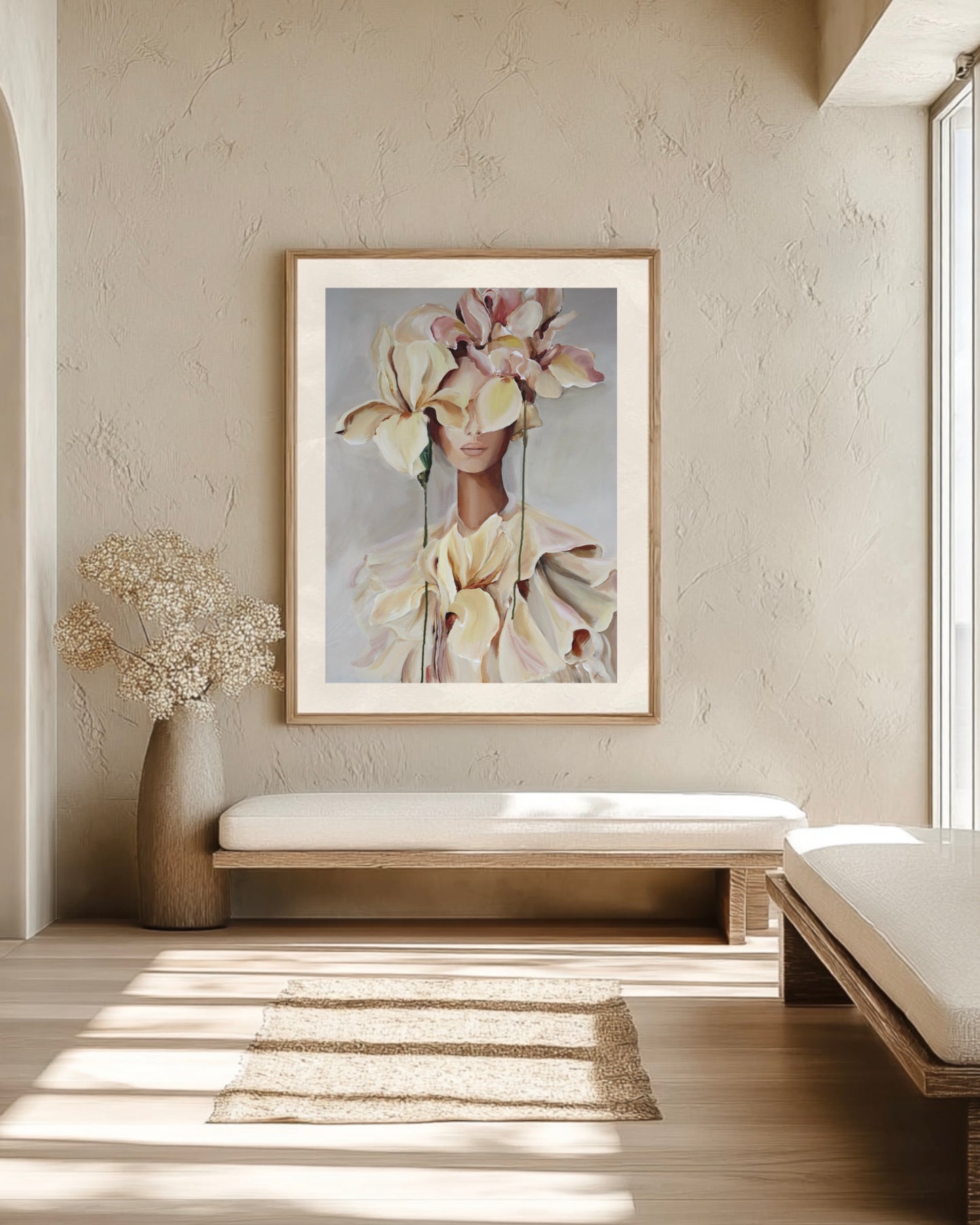 seen from within fine art print featuring a woman with soft cream and blush flowers displayed in a contemporary interior