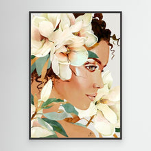 Load image into Gallery viewer, Feminine portrait with white magnolia flowers, canvas in black floating frame by Janka Kykalova.
