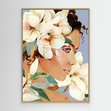 Load image into Gallery viewer, Feminine portrait with white magnolia flowers on blue background, canvas in oak floating frame by Janka Kykalova.
