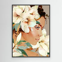 Load image into Gallery viewer, Feminine portrait with white magnolia flowers on taupe background, canvas in black floating frame by Janka Kykalova.
