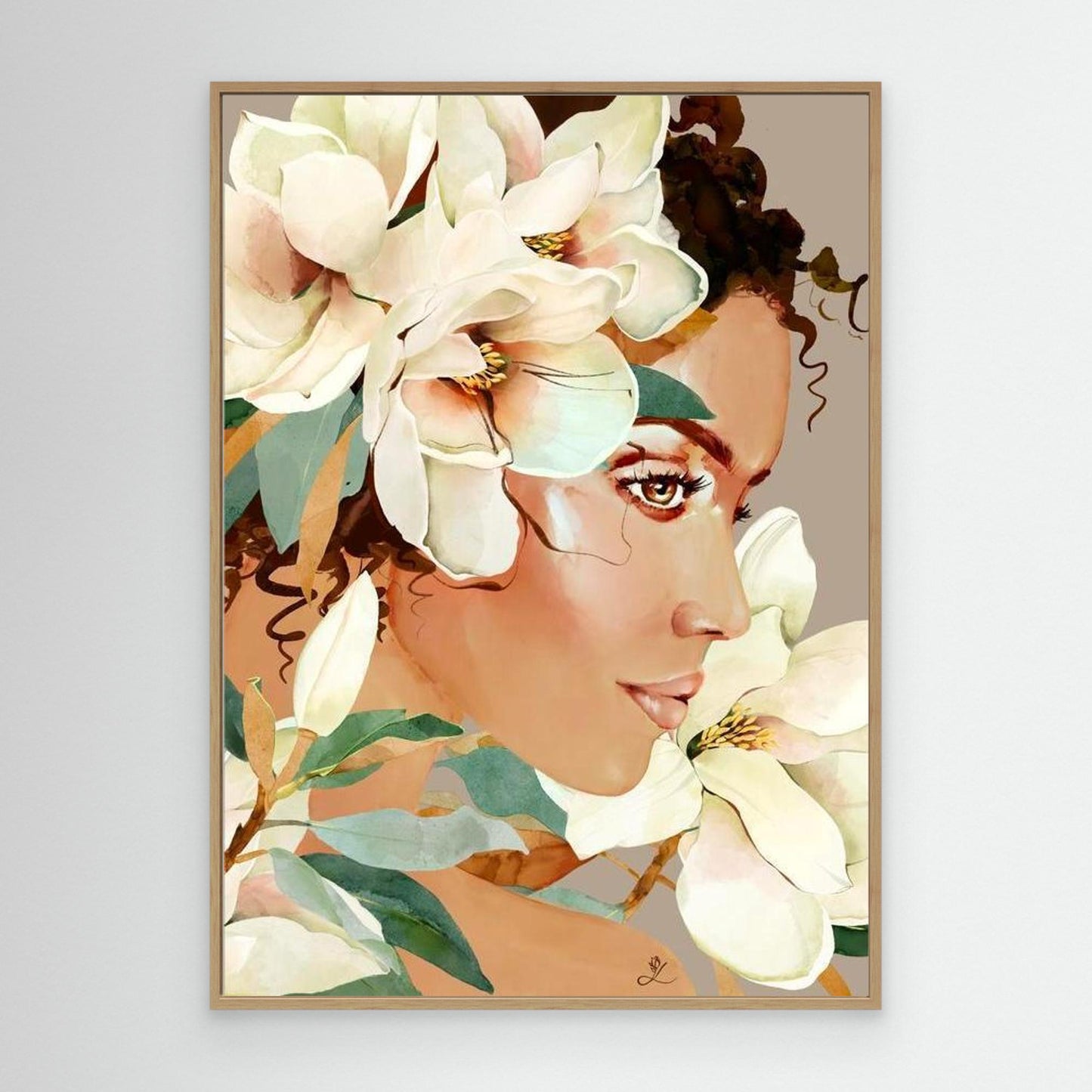 Feminine portrait with white magnolia flowers on taupe background, canvas in oak floating frame by Janka Kykalova.
