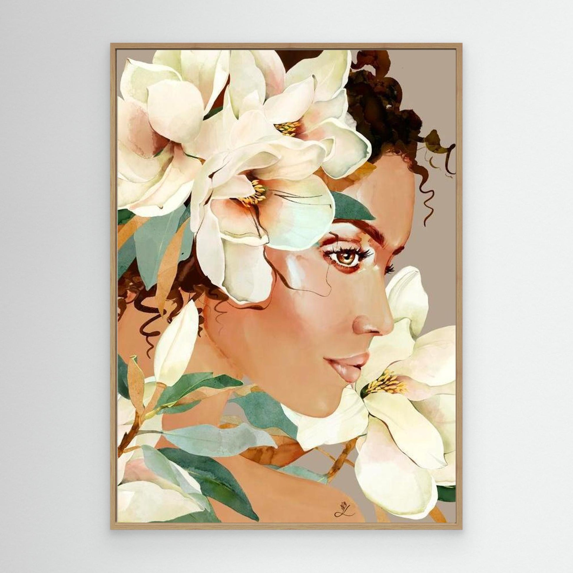 Feminine portrait with white magnolia flowers on taupe background, canvas in oak floating frame by Janka Kykalova.