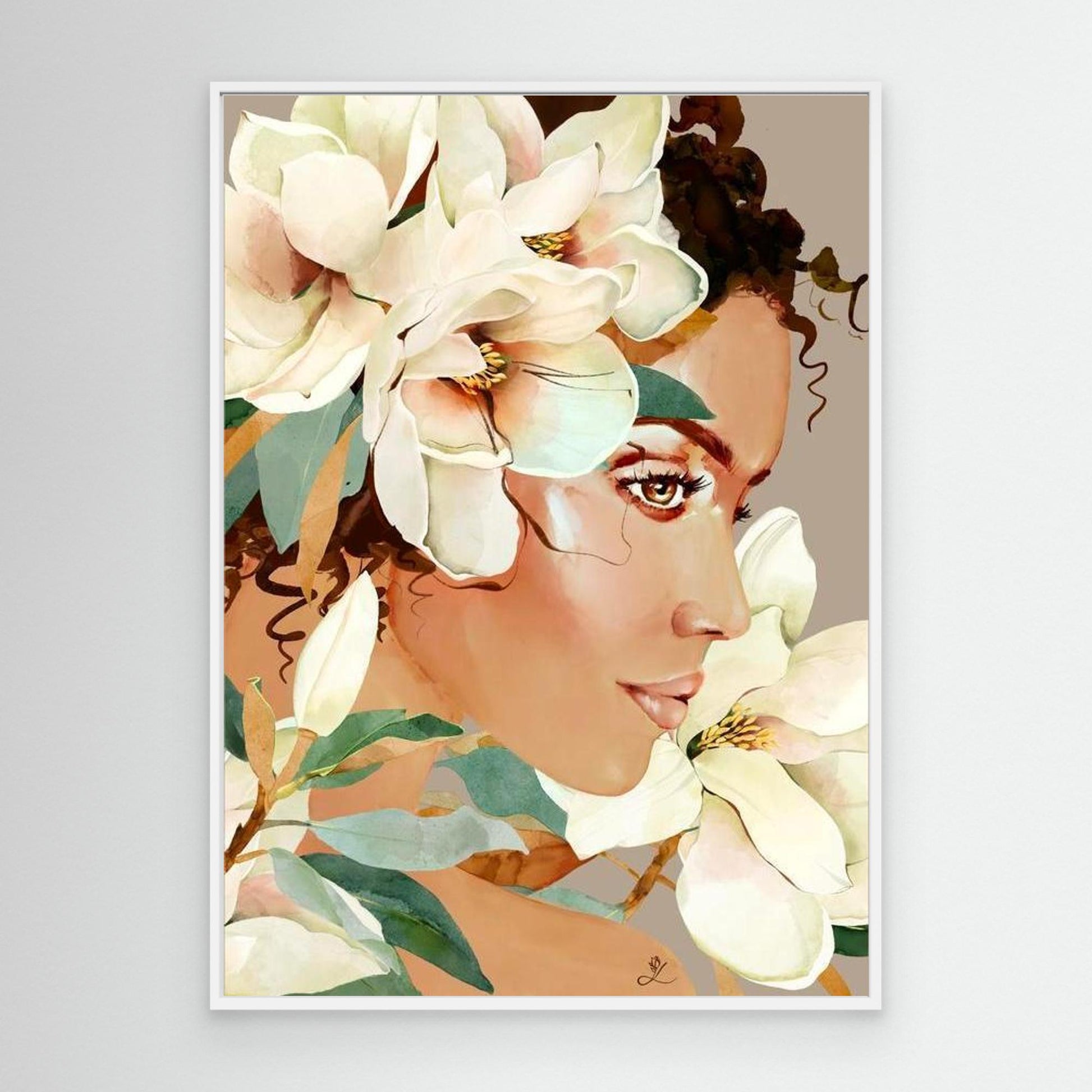 Feminine portrait with white magnolia flowers on taupe background, canvas in white floating frame by Janka Kykalova.
