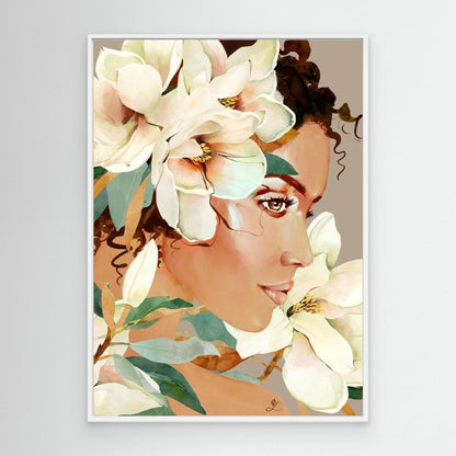 Feminine portrait with white magnolia flowers on taupe background, canvas in white floating frame by Janka Kykalova.