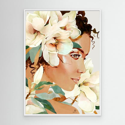 Feminine portrait with white magnolia flowers, canvas in white floating frame by Janka Kykalova.