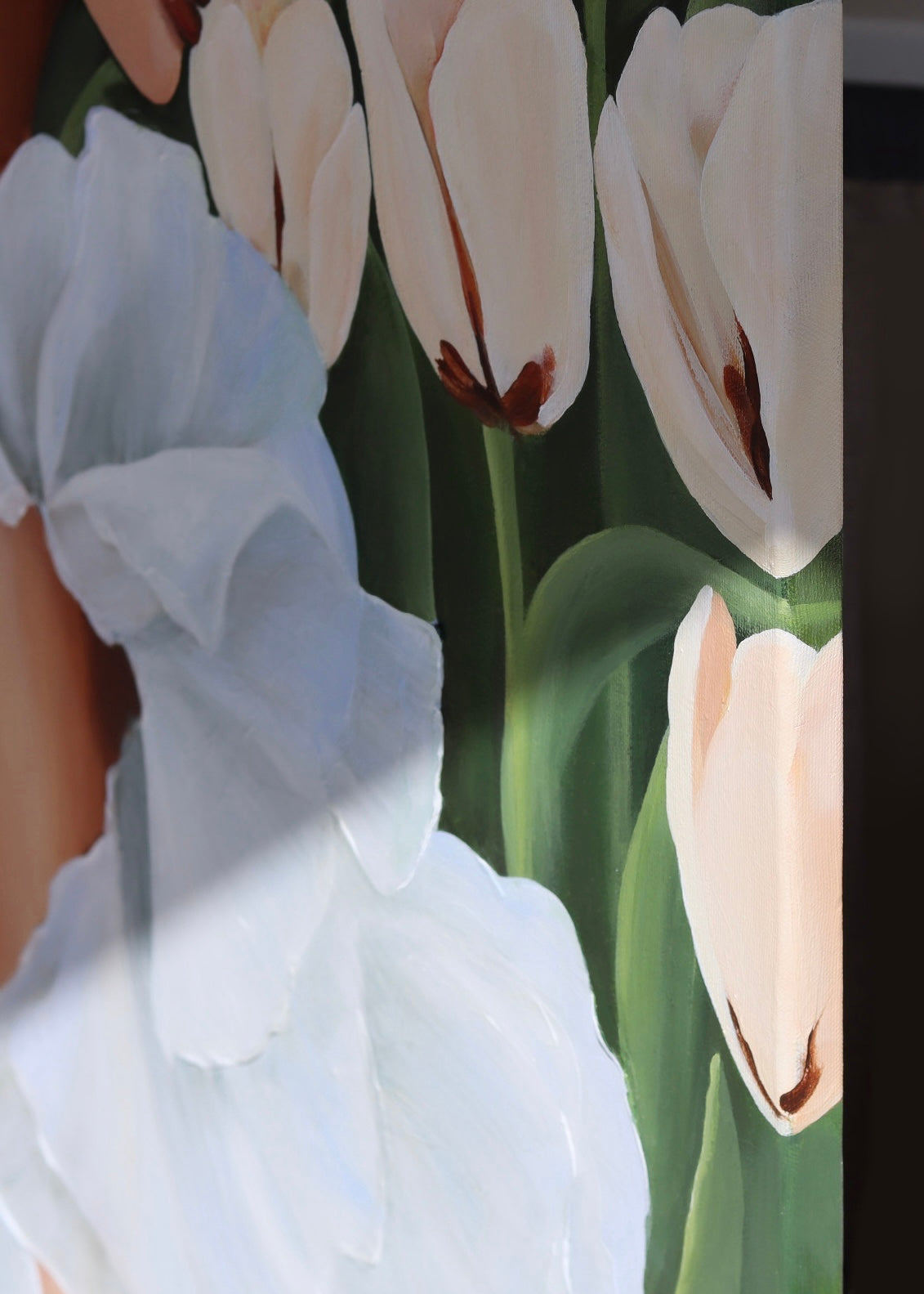 Edge of canvas with painted tulips – original painting Tulip Journey by Janka Kykalová.