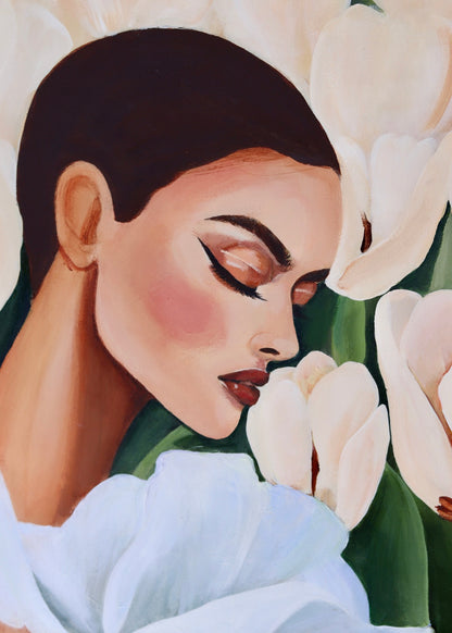 Detail of the original acrylic painting Tulip Journey by Janka Kykalová – female portrait among tulips.