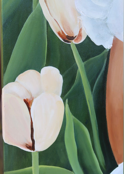 Close-up of white tulips on the original painting Tulip Journey by Janka Kykalová.