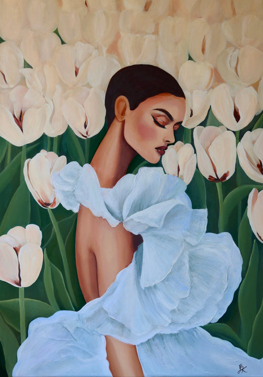 Full view of the original acrylic painting Tulip Journey by Janka Kykalová – 80 × 100 cm.