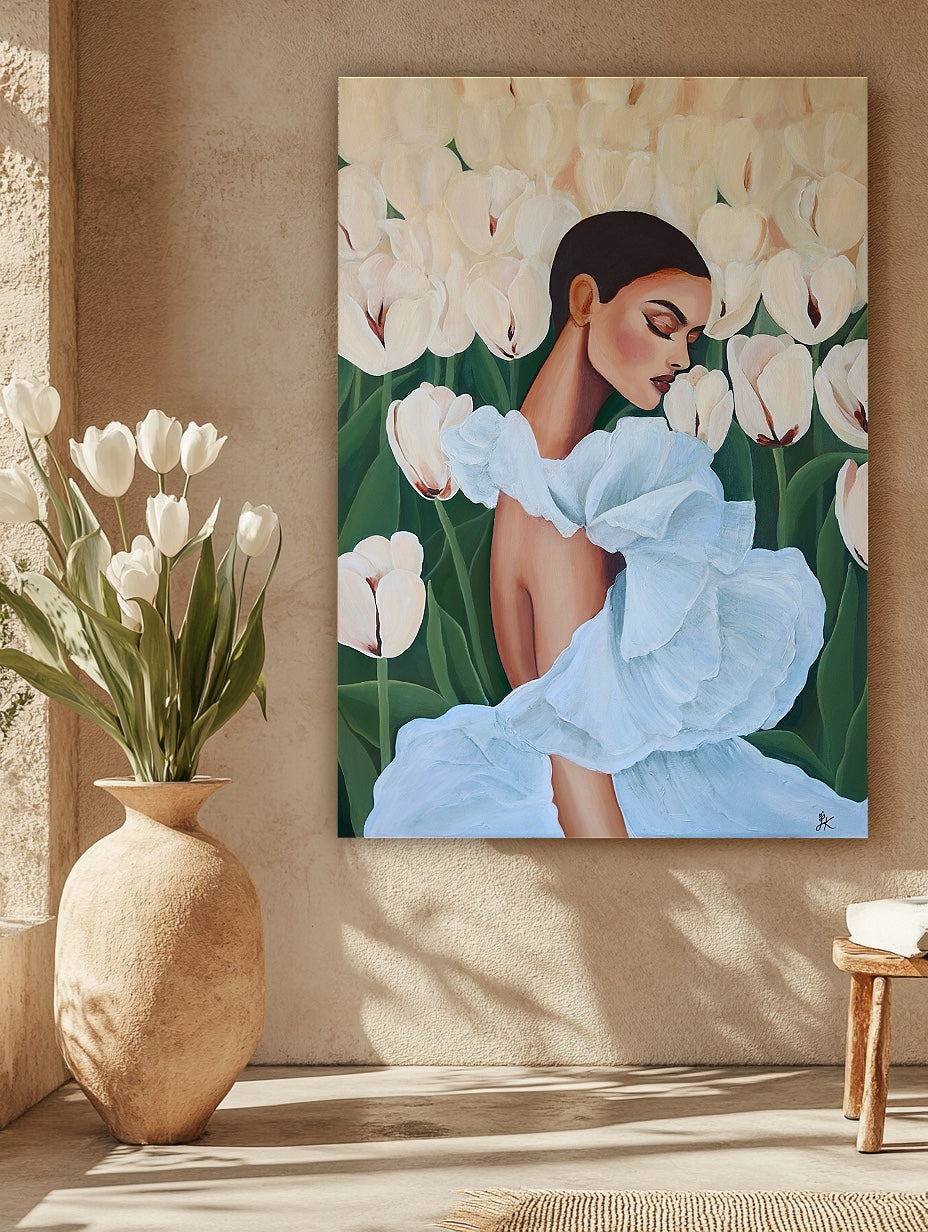 Original acrylic painting Tulip Journey by Janka Kykalová – 80 × 100 cm, displayed in a bright interior with white tulips in a vase.