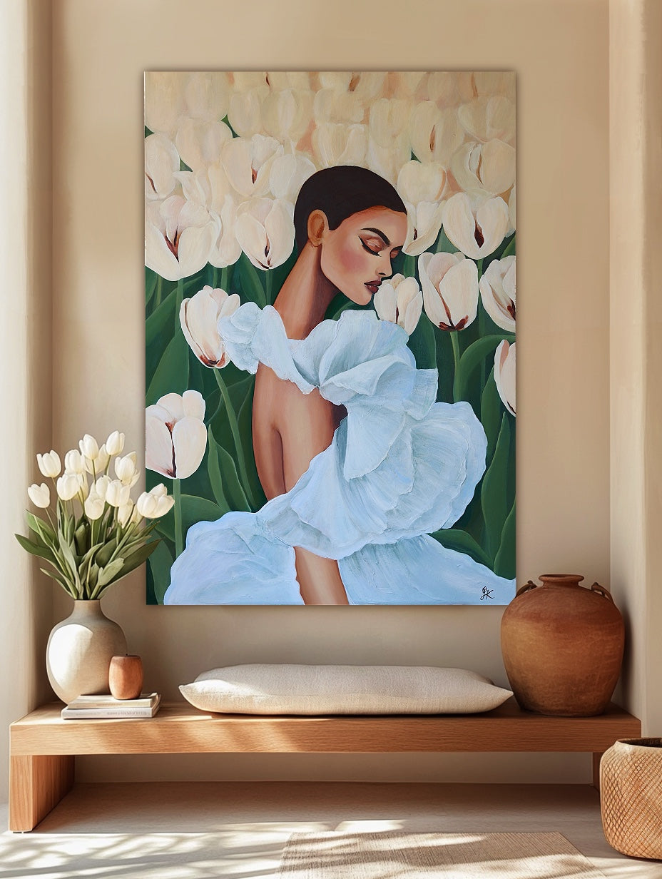 Original painting Tulip Journey by Janka Kykalová – acrylic on canvas, 80 × 100 cm, shown in a light interior with white tulips.
