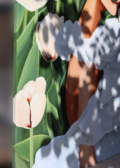 Side view with canvas texture of the original acrylic painting Tulip Journey by Janka Kykalová