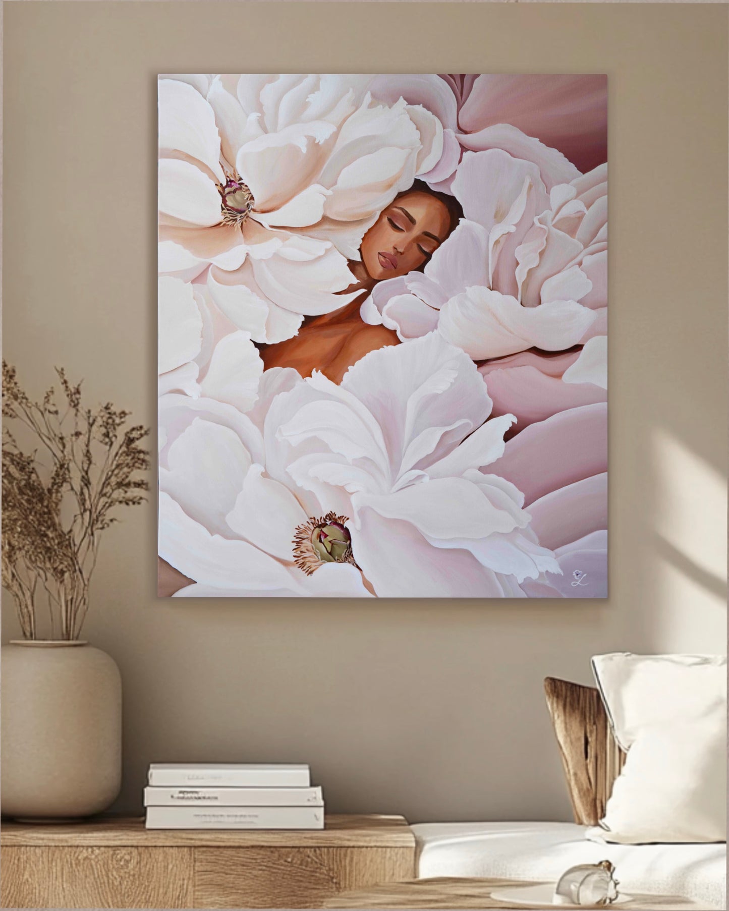 Where She Blooms Canvas Print v moderním interiéru