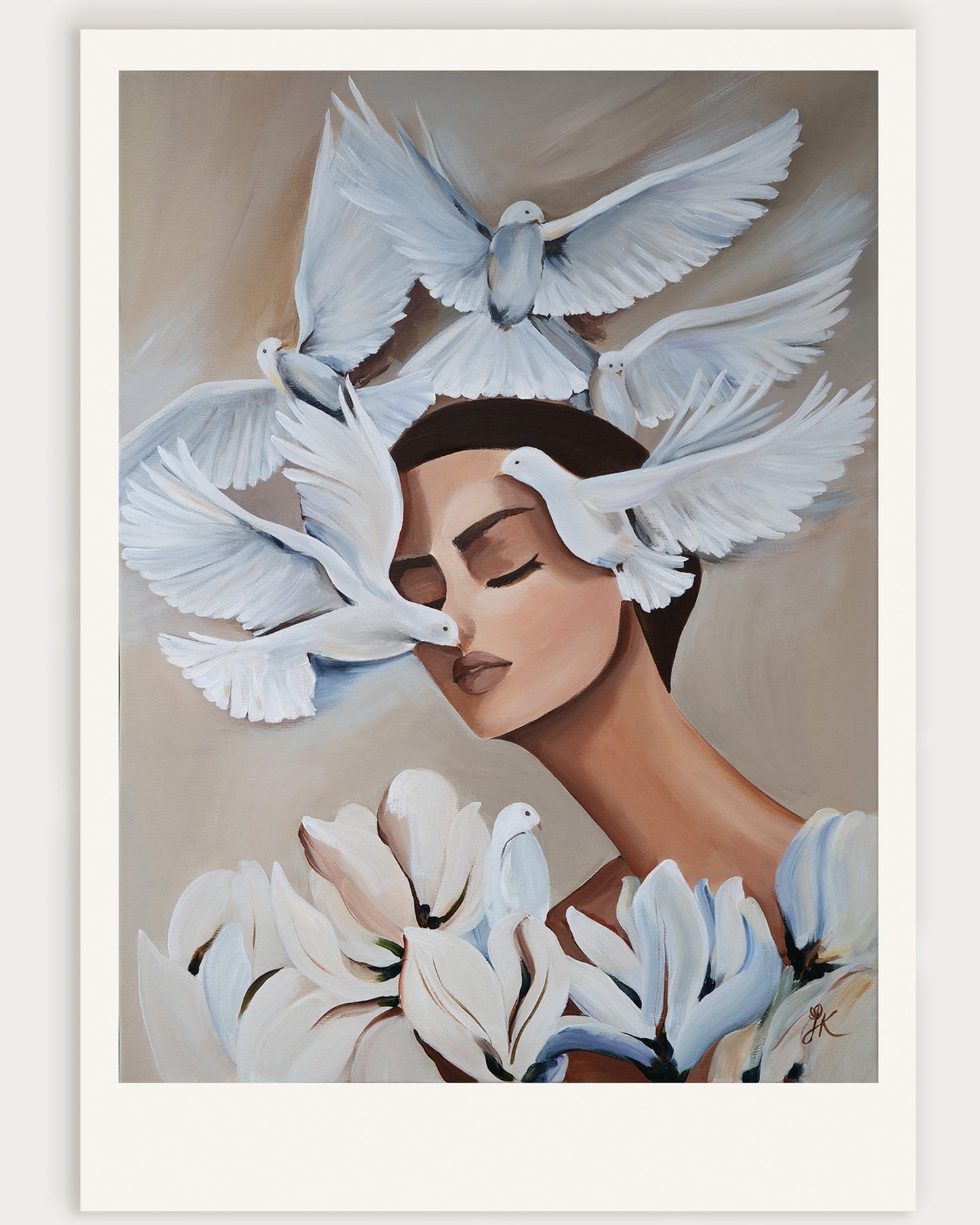 You Can Fly – fine art print, limited edition, female portrait with flowers and doves, Janka Kykalová